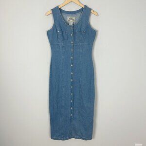 Vintage 90s Tickets Denim Midi Dress Sleeveless Button Front Size 5 XS Women's
